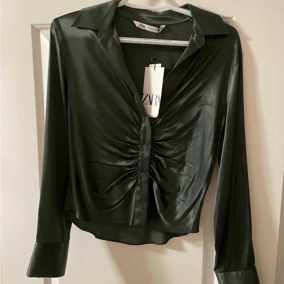Zara ruched forest green blouse size medium - Picture 1 of 1